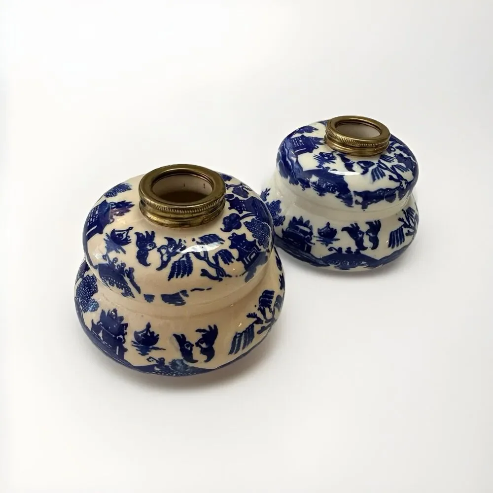 Vintage Victorian Japanese Blue Willow Decorative Oil Lamp Pair Set